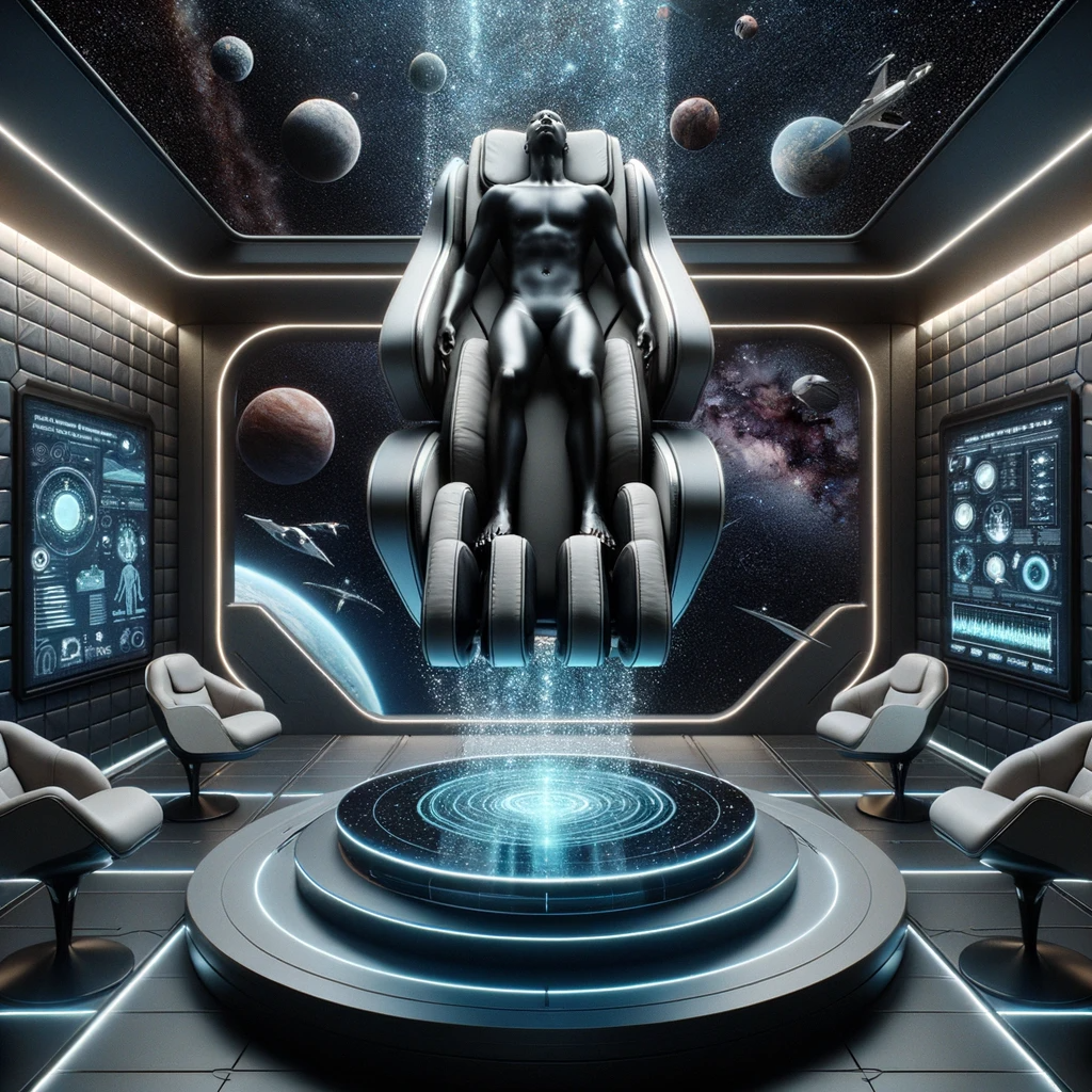 Person of African descent floating above a zero gravity massage chair in a futuristic room with holographic displays and a space view.