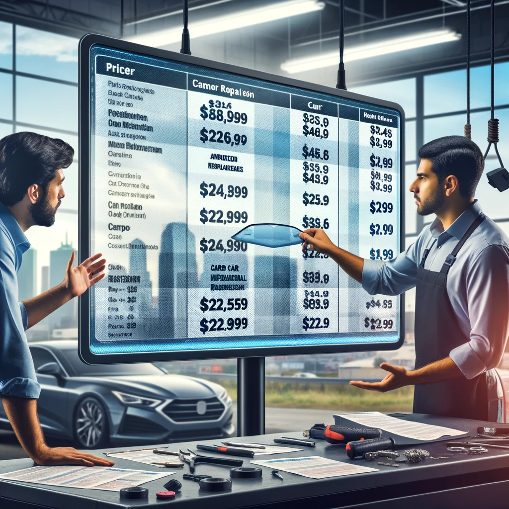 Hispanic mechanic explaining windshield replacement costs to a customer in a Dallas auto repair shop, with a price list and skyline in the background.